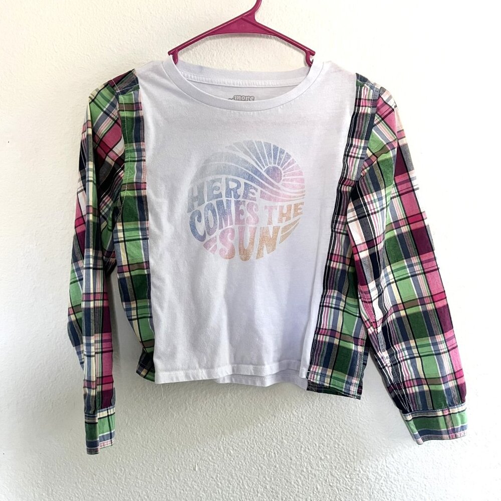 Child's Here Comes The Sun T-Shirt X Flannel Upcycle Size 10/12 Christmas sale!